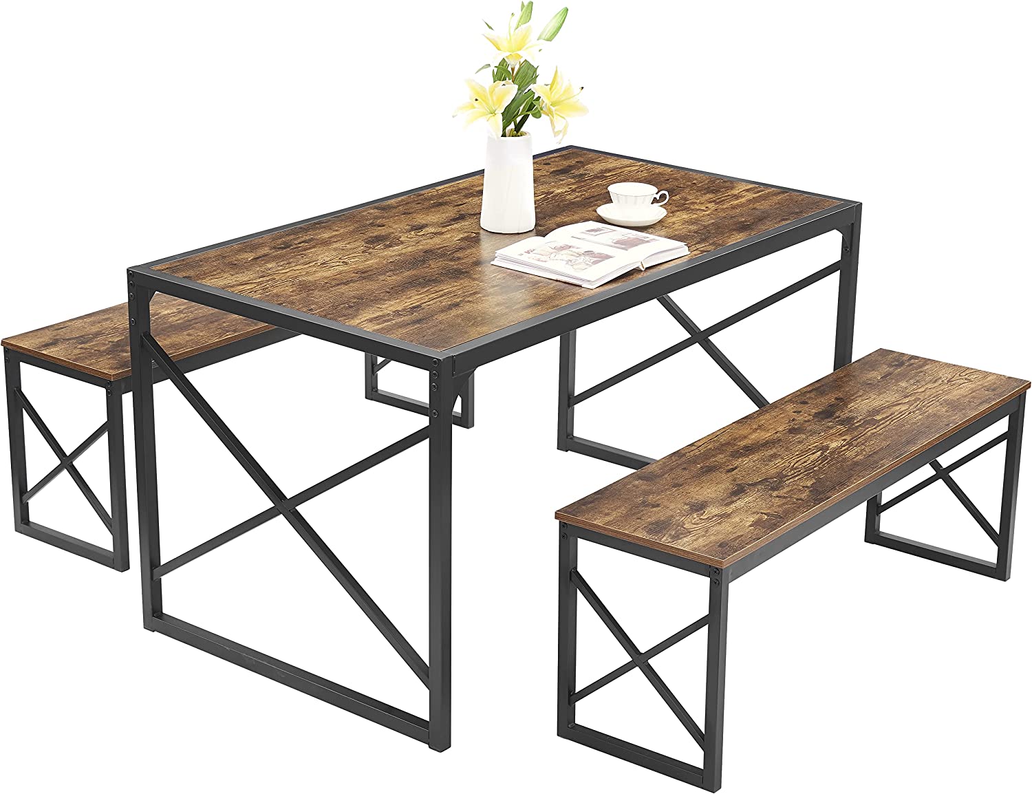 VECELO Kitchen Table with 2 Benches for 4