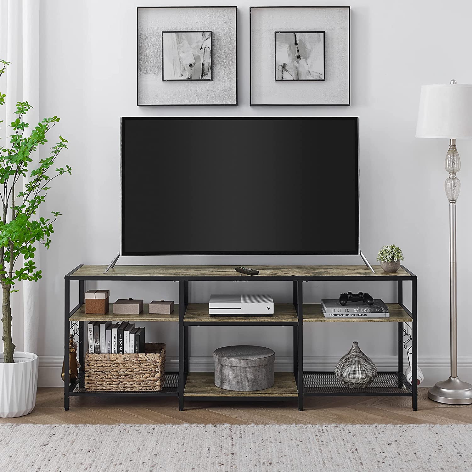 VECELO TV Stand Entertainment Center Media Console with 3-Tier Open Storage Shelves