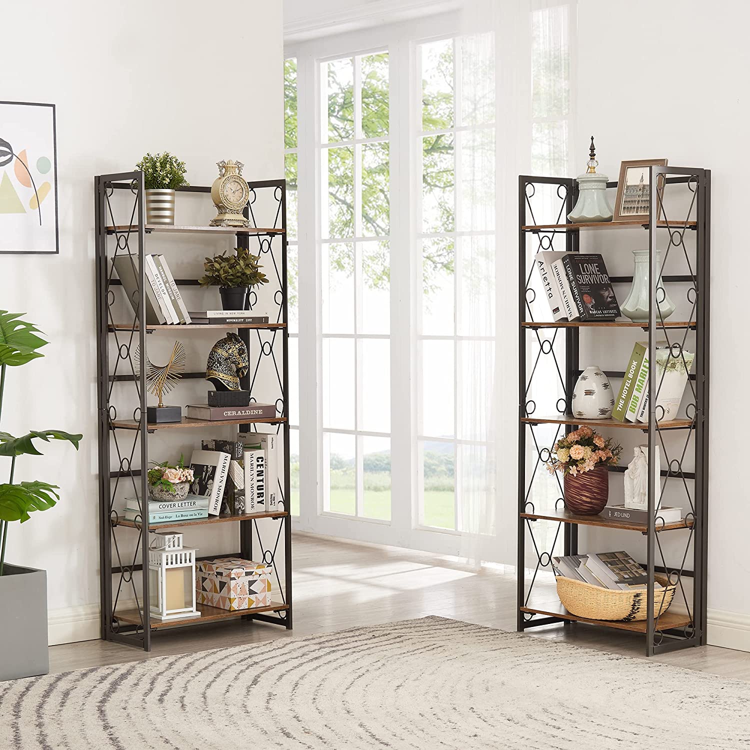 VECELO Bookshelf No Assembly, 5 Shelf Folding Bookcase, Book Shelves Organizer - VECELO