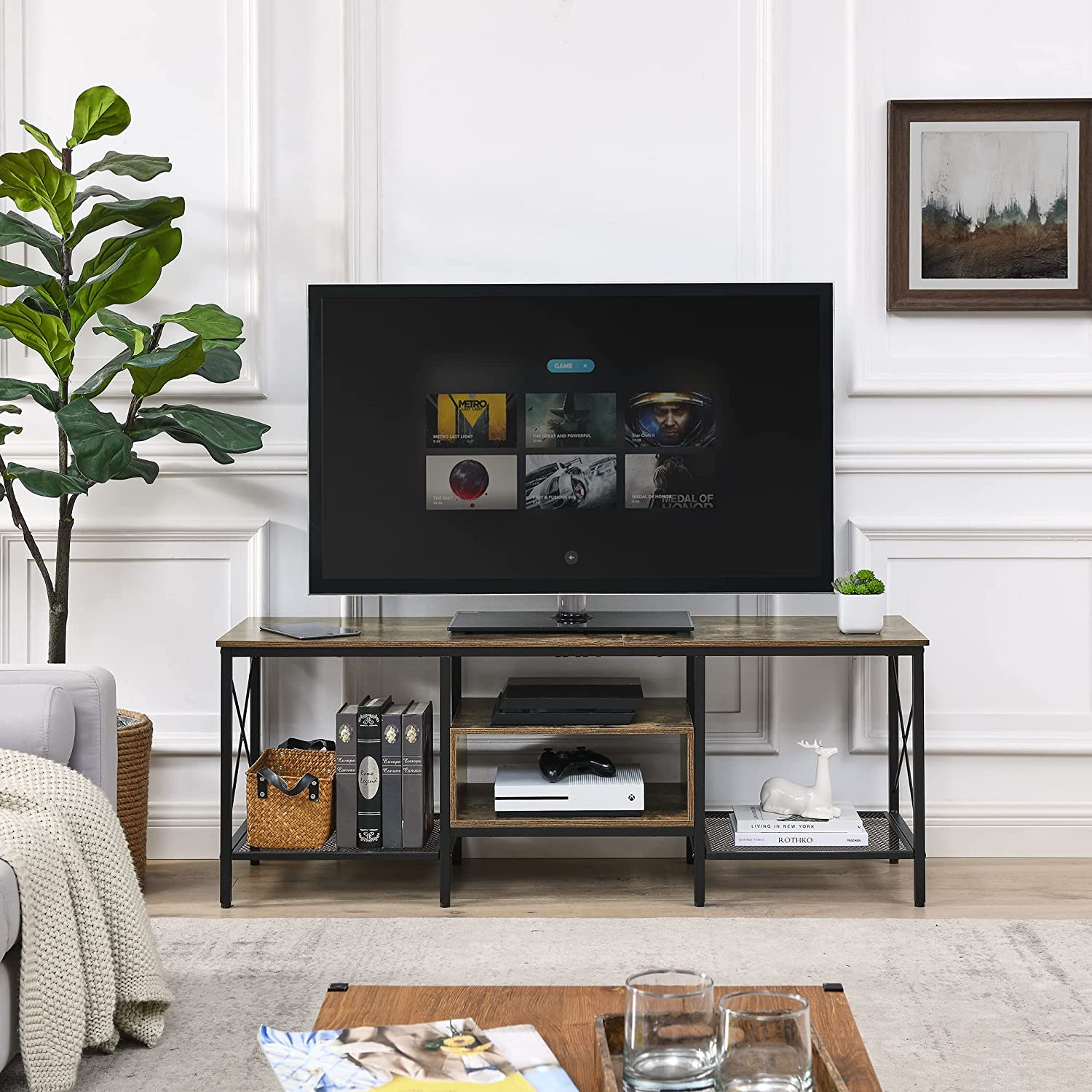 VECELO Industrial TV Stand Television Cabinet 3-Tier Console with Open Storage Shelves, Entertainment Center with Metal Frame for Living Room - VECELO