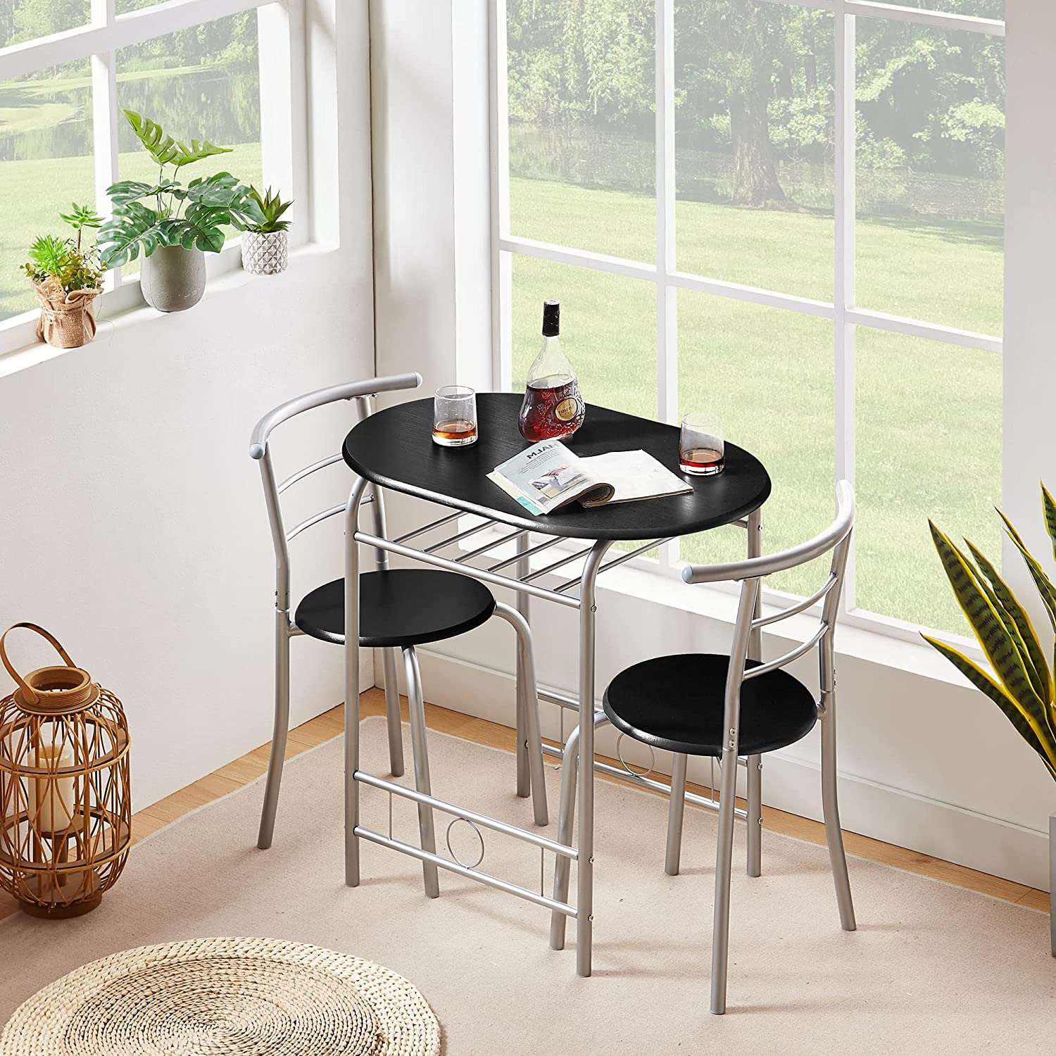 VECELO 3-Piece Dining Table Set/Round Tabletop & Chair for Kitchen