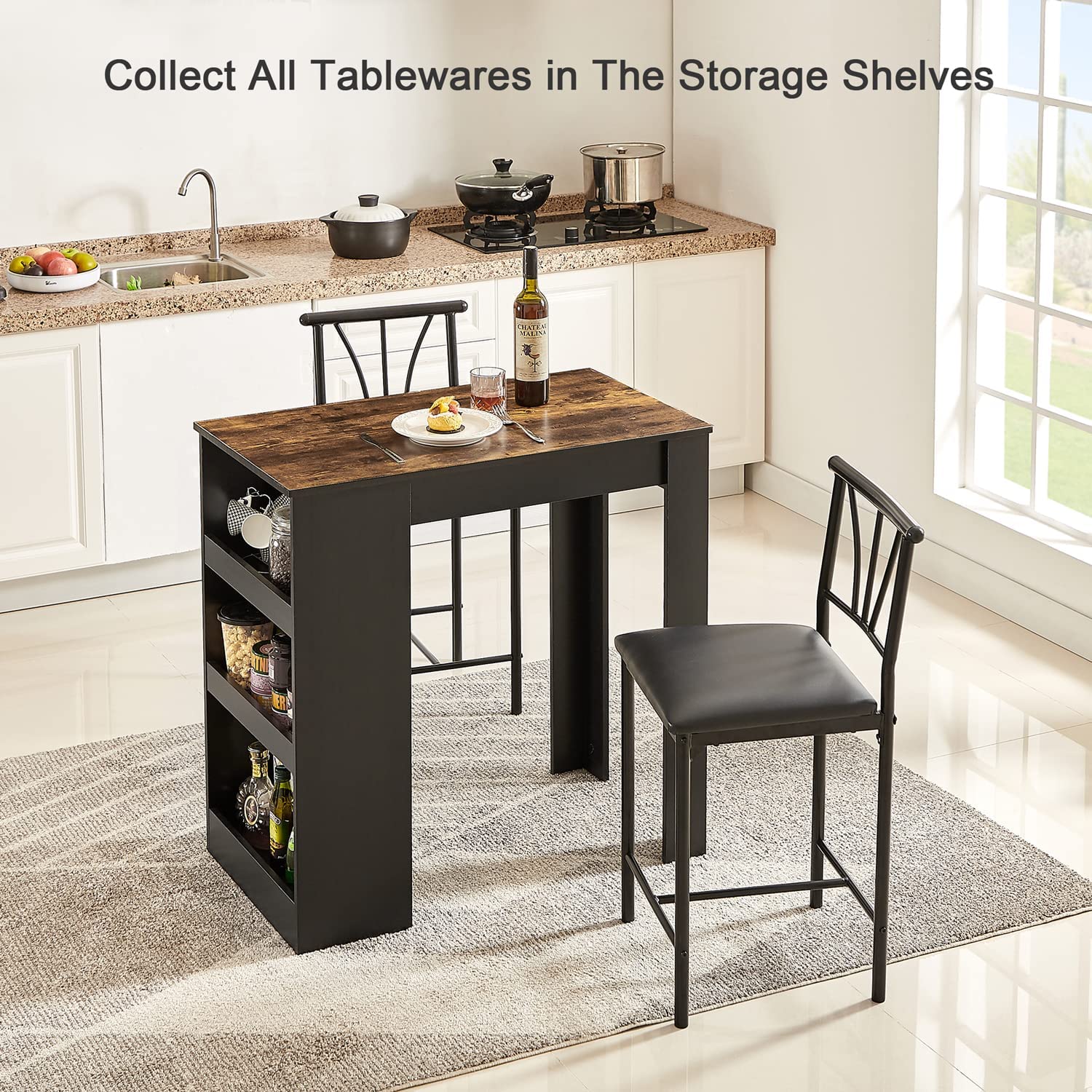 VECELO Small Bar Table and Chairs Tall Kitchen Breakfast Nook with Stools/Dining Set for 2 - VECELO