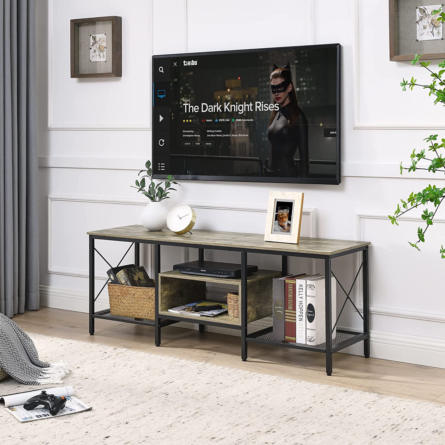 VECELO Industrial TV Stand Television Cabinet 3-Tier Console with Open Storage Shelves, Entertainment Center with Metal Frame for Living Room - VECELO