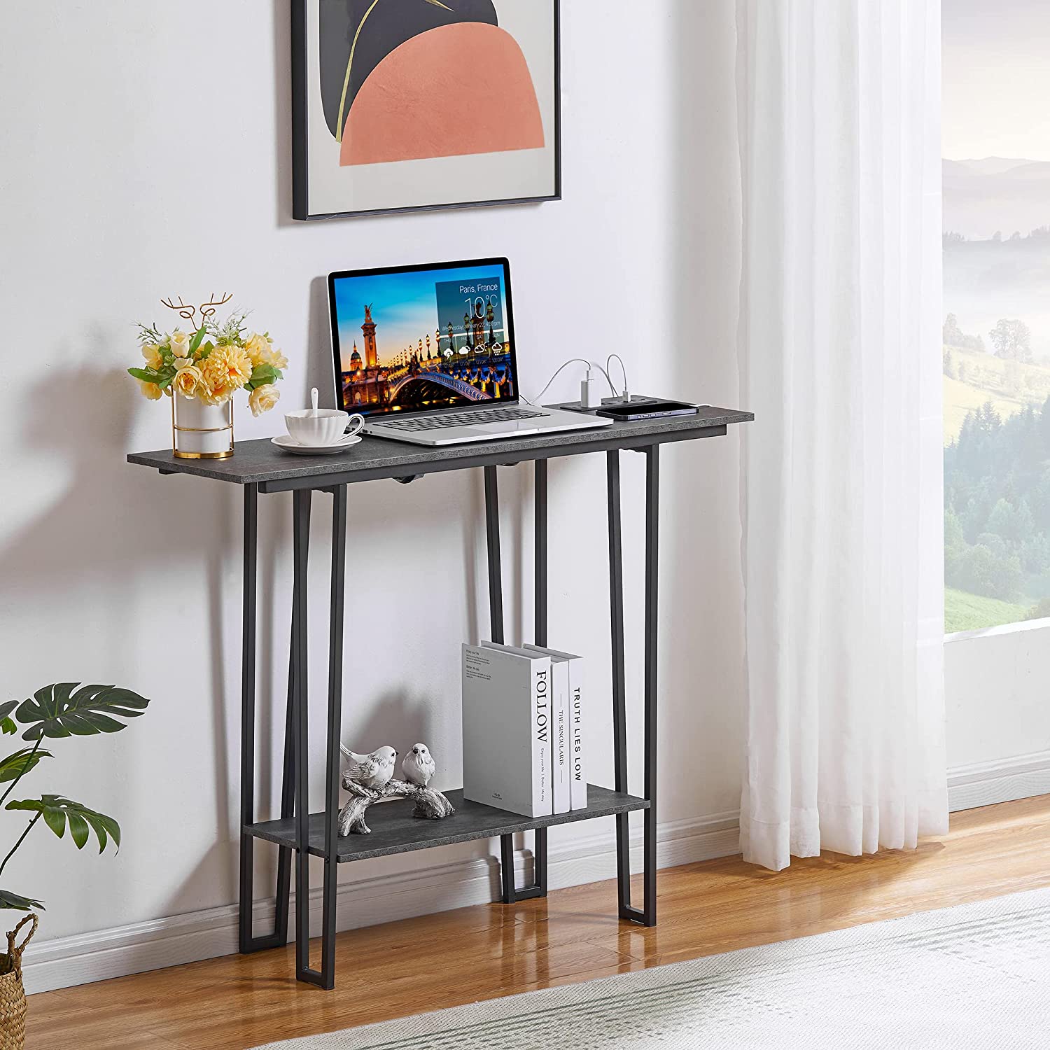 VECELO Couch Side & Console Table with 2 Outlets & 2 USB Ports - VECELO