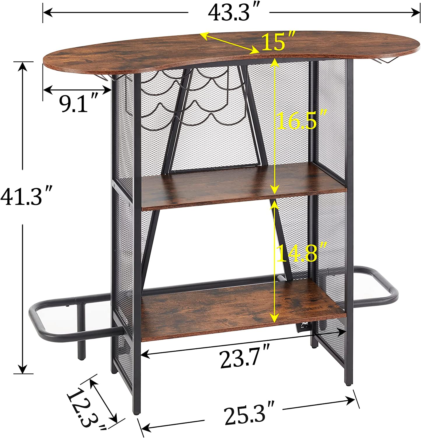 VECELO Bar Unit with Metal Mesh Front, 3-Tier Wine Rack Table with Glasses Holder - VECELO