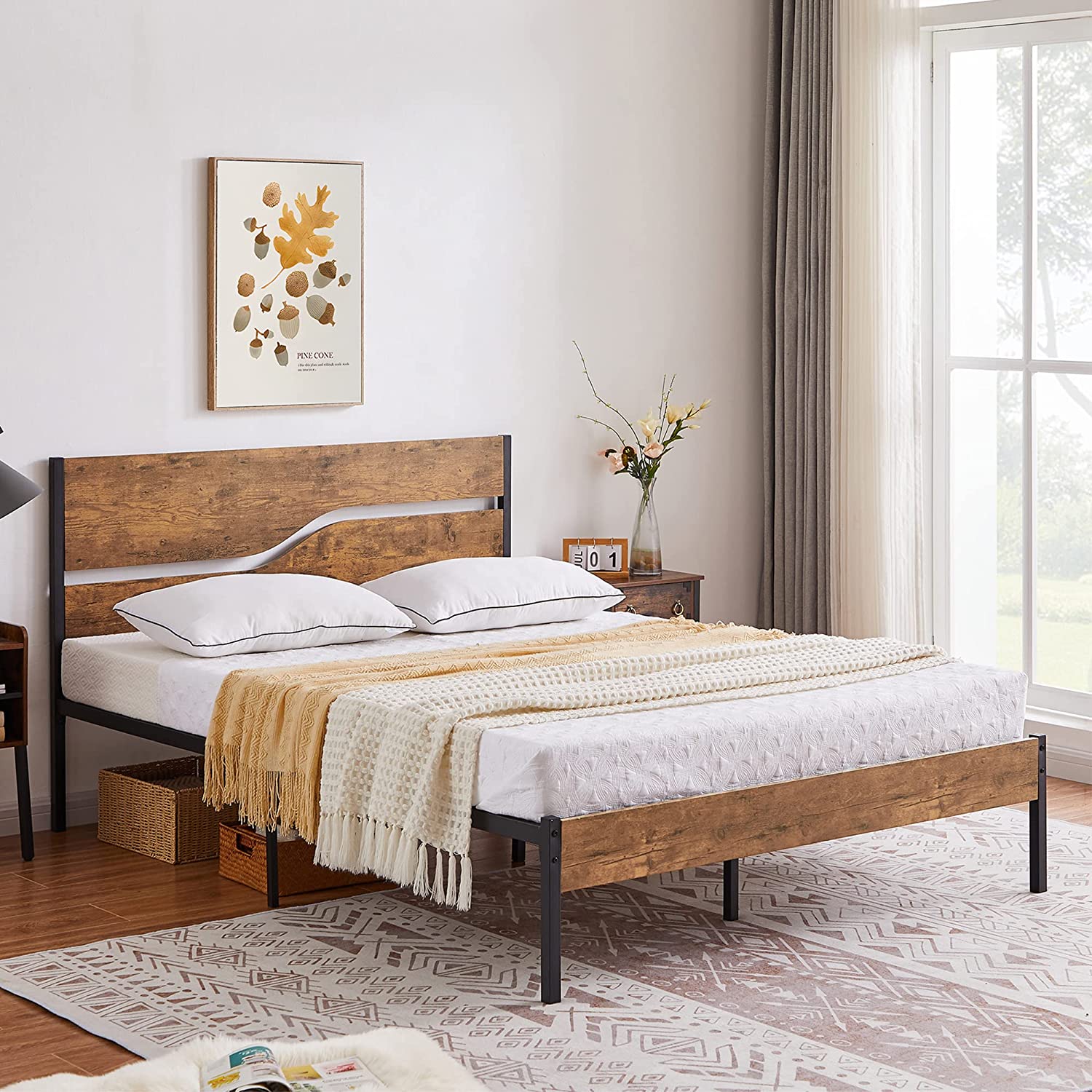 VECELO Platform Bed Frame/Mattress Foundation with Rustic Vintage Wood Headboard