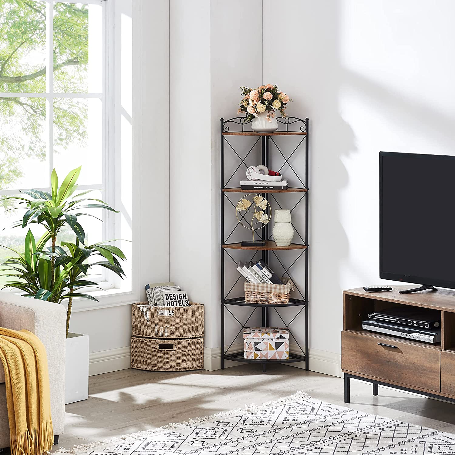 VECELO Corner Storage Cabinet with Wooden Shelves Free-Standing Organizer