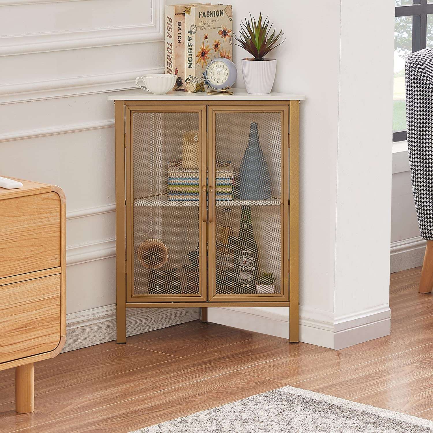 VECELO 3 Tier Corner Cabinet Shelf Display Rack with Grid Doors - VECELO