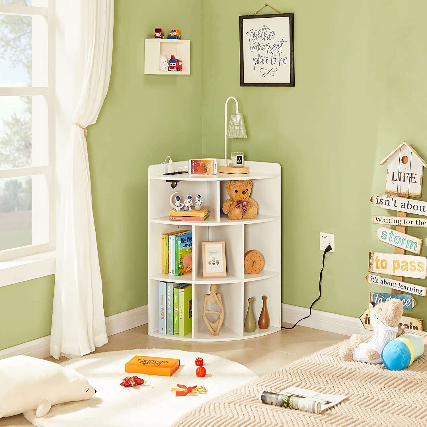 VECELO 3-Tier Corner Cabinet with 8 Cubbies, Wooden Cube Storage Organizer, Modern Bookshelf Units for Playroom, Bedroom, Living Room