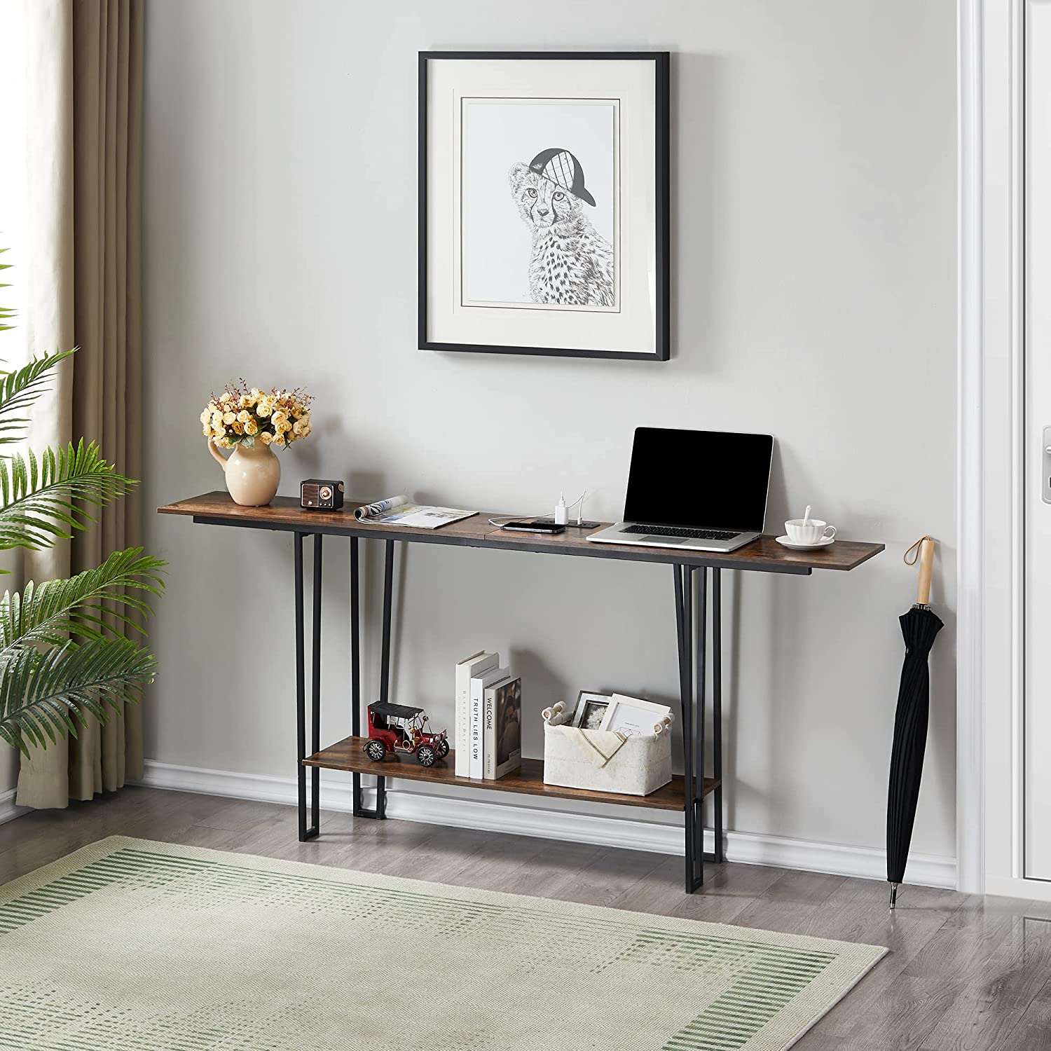 VECELO Couch Side & Console Table with 2 Outlets & 2 USB Ports - VECELO