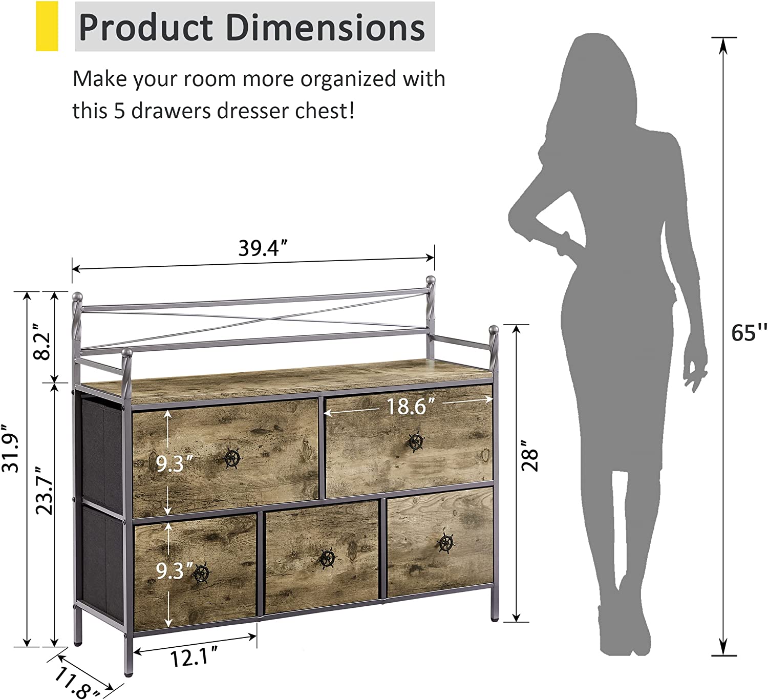VECELO Dresser for Bedroom with 5 Drawers, Storage Organizer Unit Wide Chest - VECELO