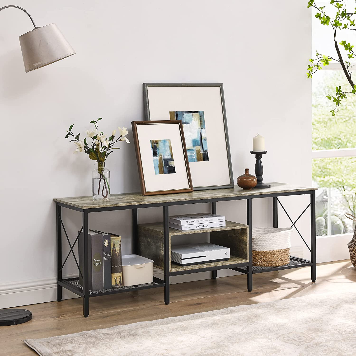 VECELO Industrial TV Stand Television Cabinet 3-Tier Console with Open Storage Shelves, Entertainment Center with Metal Frame for Living Room - VECELO