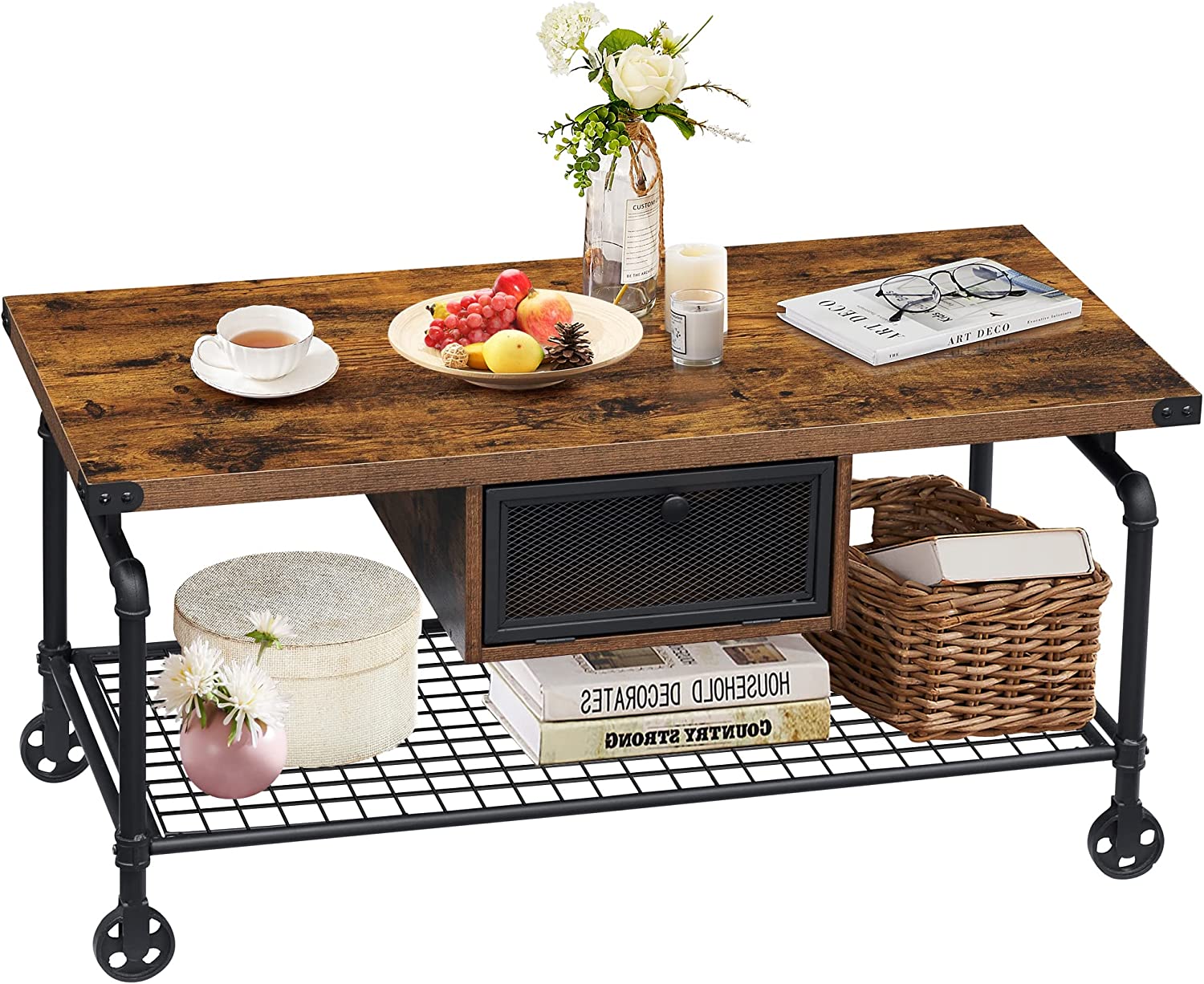 VECELO Coffee Cocktail Table with Drawer and Storage Shelf for Living Room Office ReceptionBrown - VECELO