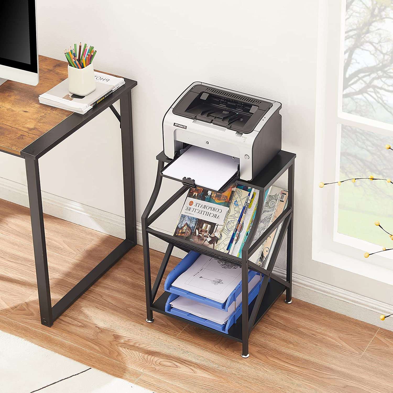 VECELO 3-Tier End Table with Storage Magazine Holder - VECELO