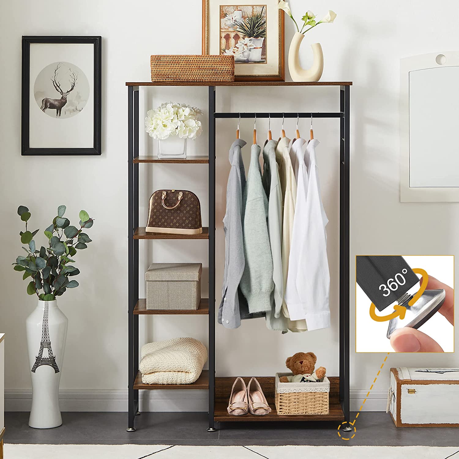 VECELO Open Garment Clothing Rack, Free-Standing Heavy Duty Storage Closet with 5 Shelves and Hanging Rod - VECELO