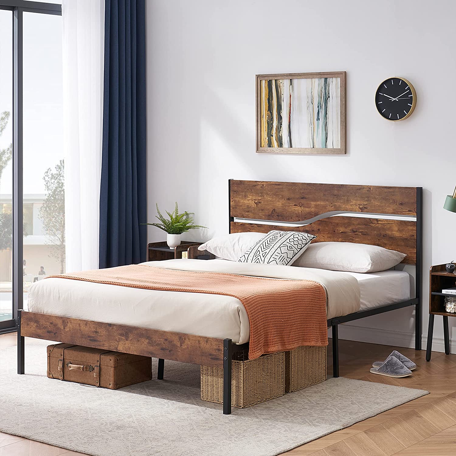 VECELO Platform Bed Frame/Mattress Foundation with Rustic Vintage Wood Headboard