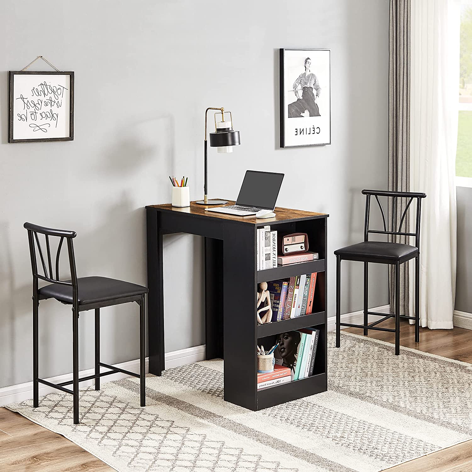 VECELO Small Bar Table and Chairs Tall Kitchen Breakfast Nook with Stools/Dining Set for 2