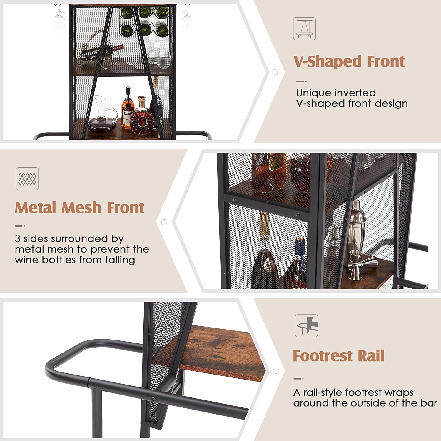 VECELO Bar Unit with Metal Mesh Front, 3-Tier Wine Rack Table with Glasses Holder - VECELO