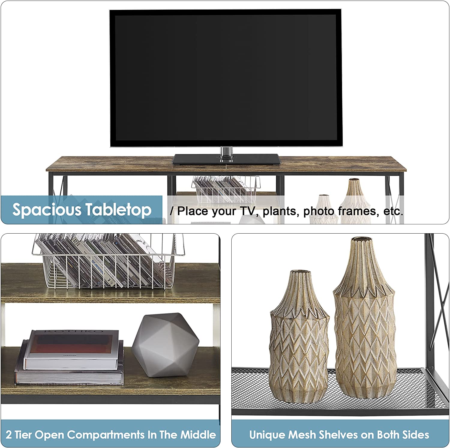 VECELO Industrial TV Stand Television Cabinet 3-Tier Console with Open Storage Shelves, Entertainment Center with Metal Frame for Living Room - VECELO