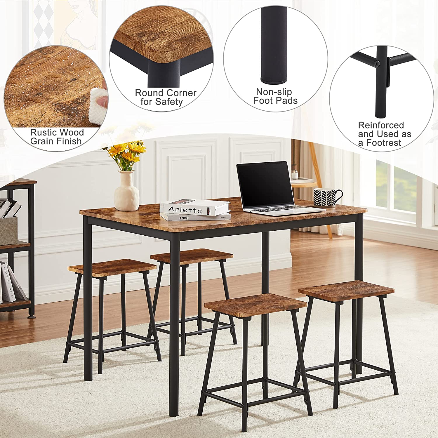 VECELO 5-Piece Dining Table Set Metal and Wood Kitchen Furniture with 4 Stools