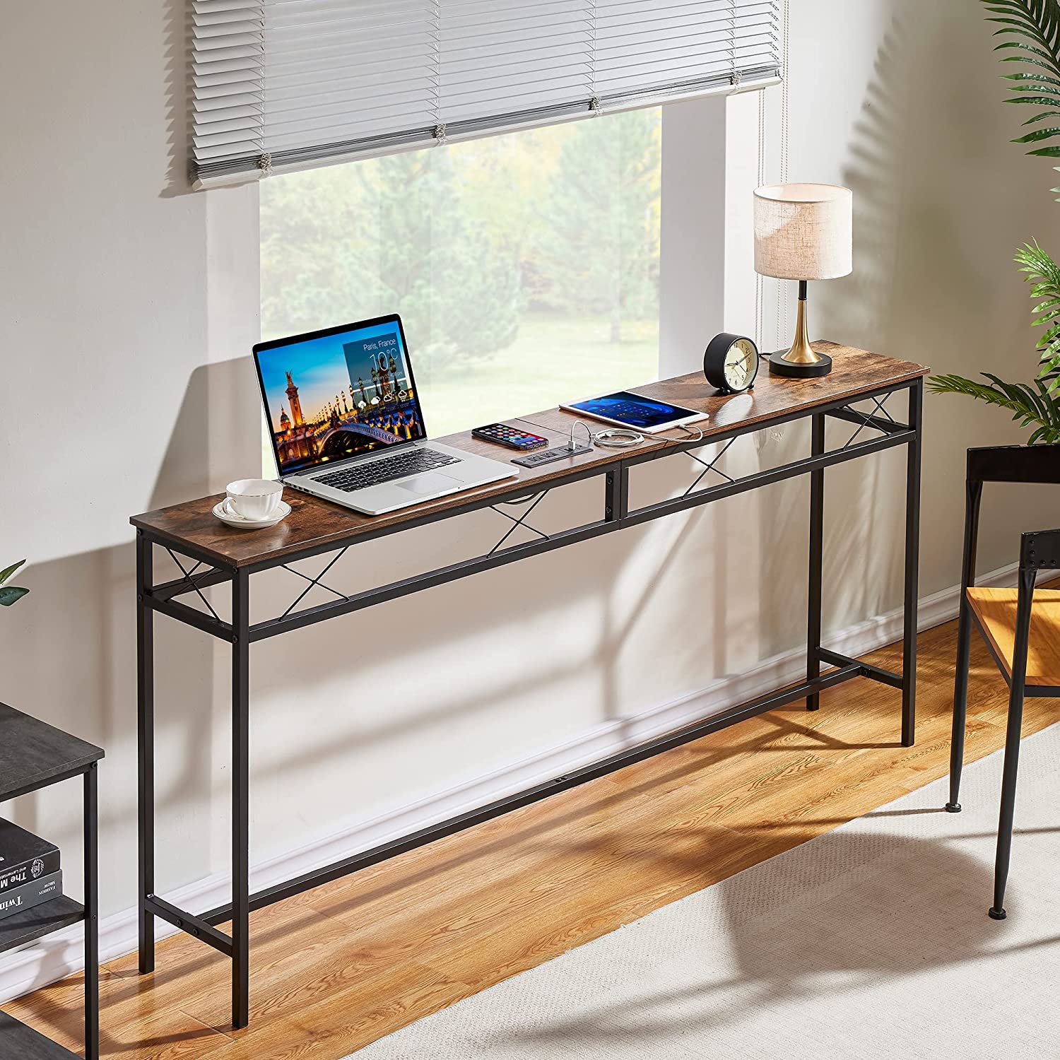 VECELO Extra Long Narrow Sofa/Console Table with Charging Station & Power Outlet and USB Ports - VECELO