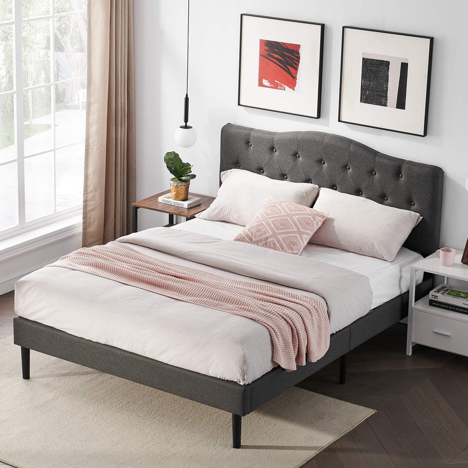 VECELO Classic Upholstered Platform Bed Frame with Diamond Stitched Cloth - VECELO