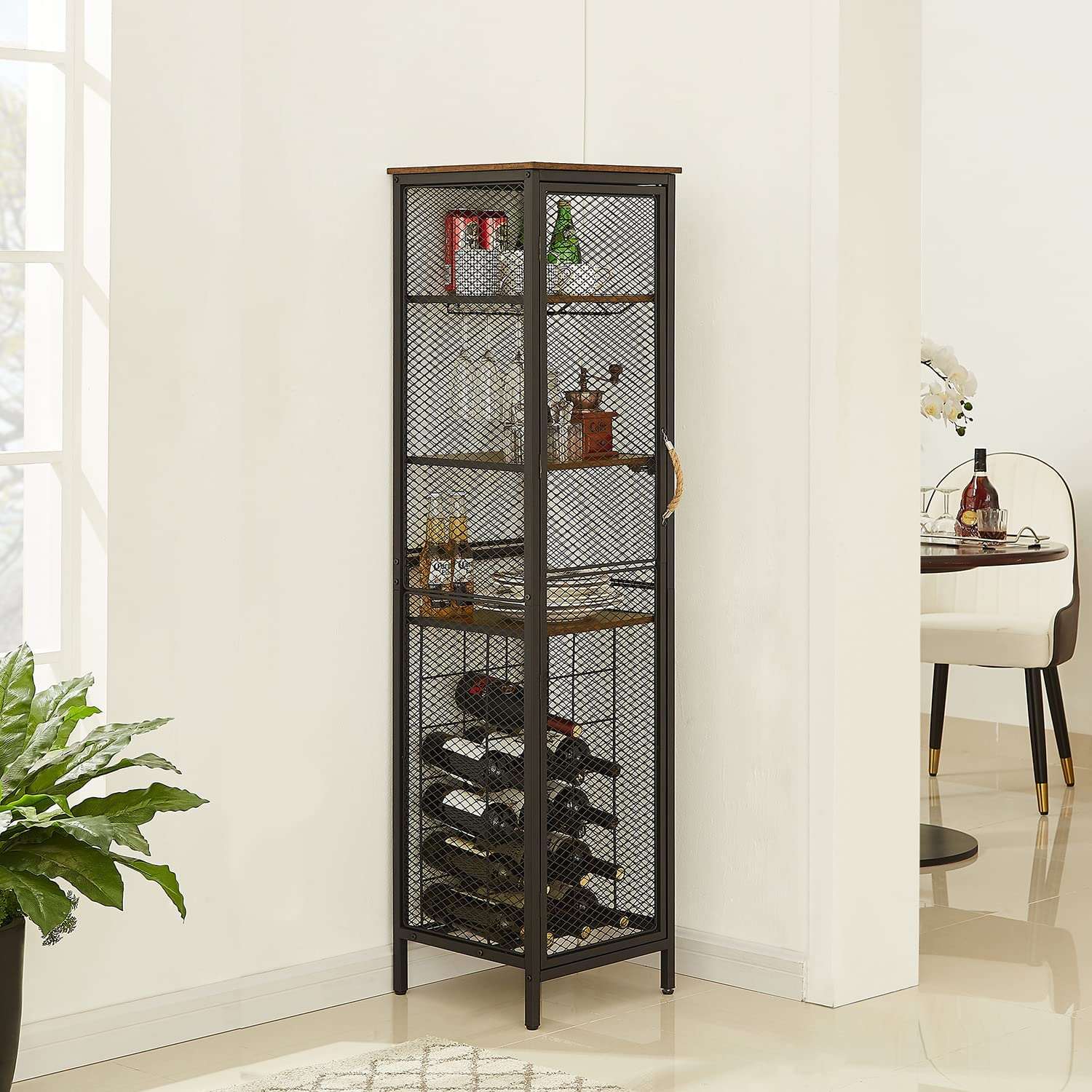 VECELO 3 tier Industrial Wine Bar Rack Storage Cabinet for Liquor and Glasses Holder Dishes