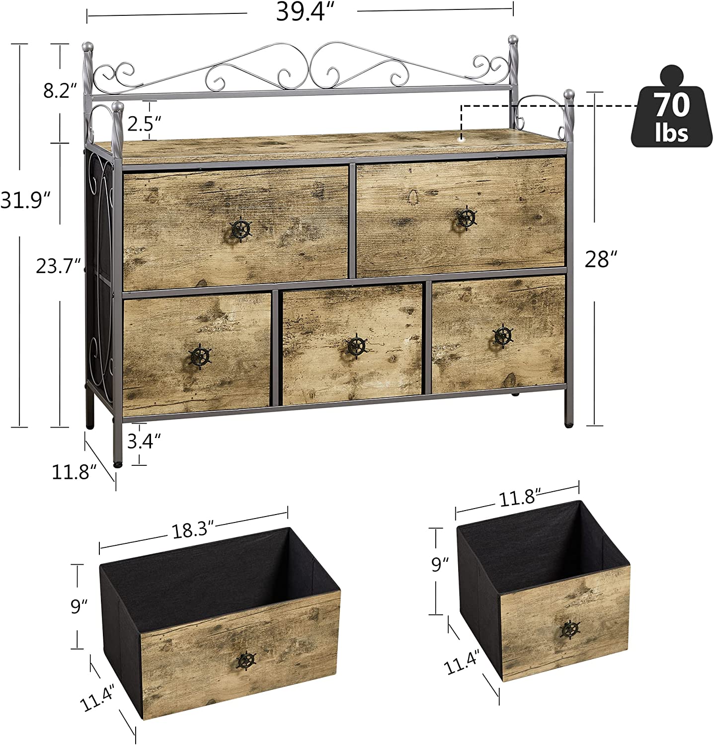 VECELO Dresser for Bedroom with 5 Drawers, Storage Organizer Unit with Shelf for Closet, Living Room - VECELO