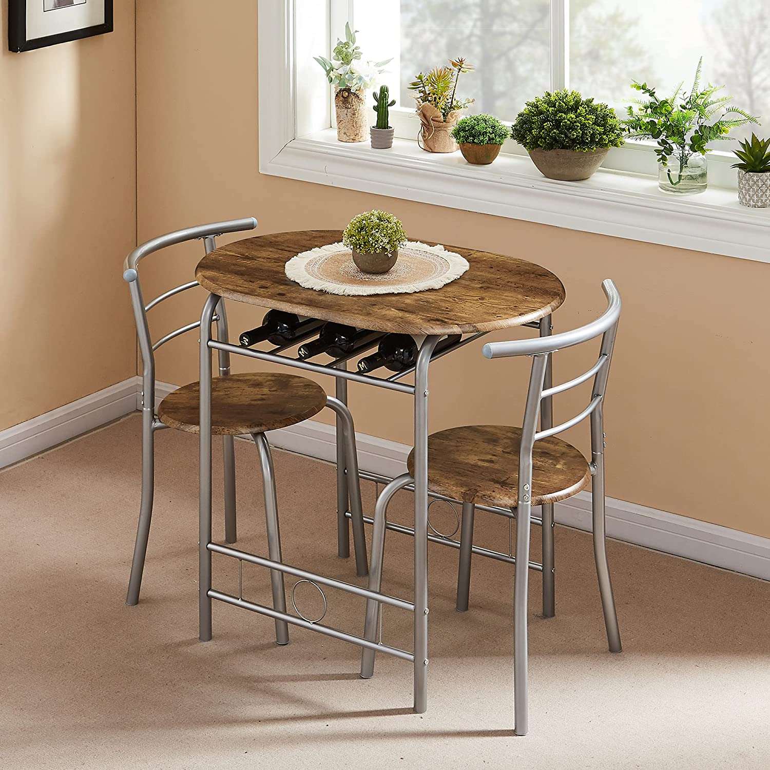 VECELO 3 Piece Wood Round Table & Chair Set with Wine Storage Rack for Dining Room Kitchen Bar Breakfast