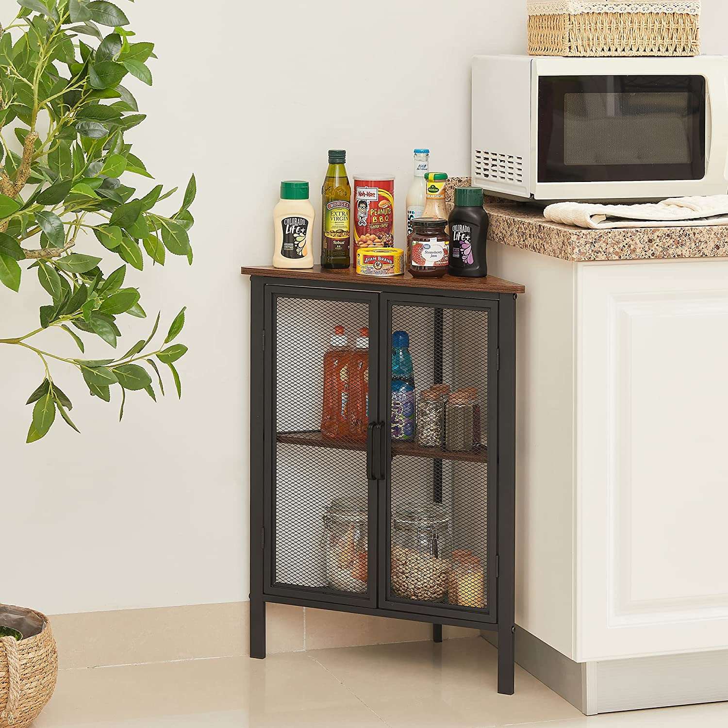 VECELO 3 Tier Corner Cabinet Shelf Display Rack with Grid Doors - VECELO