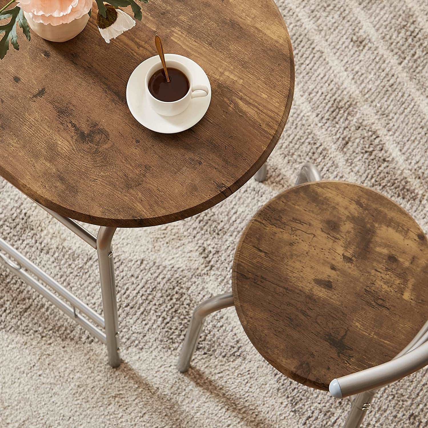 VECELO 3 Piece Wood Round Table & Chair Set with Wine Storage Rack for Dining Room Kitchen Bar Breakfast