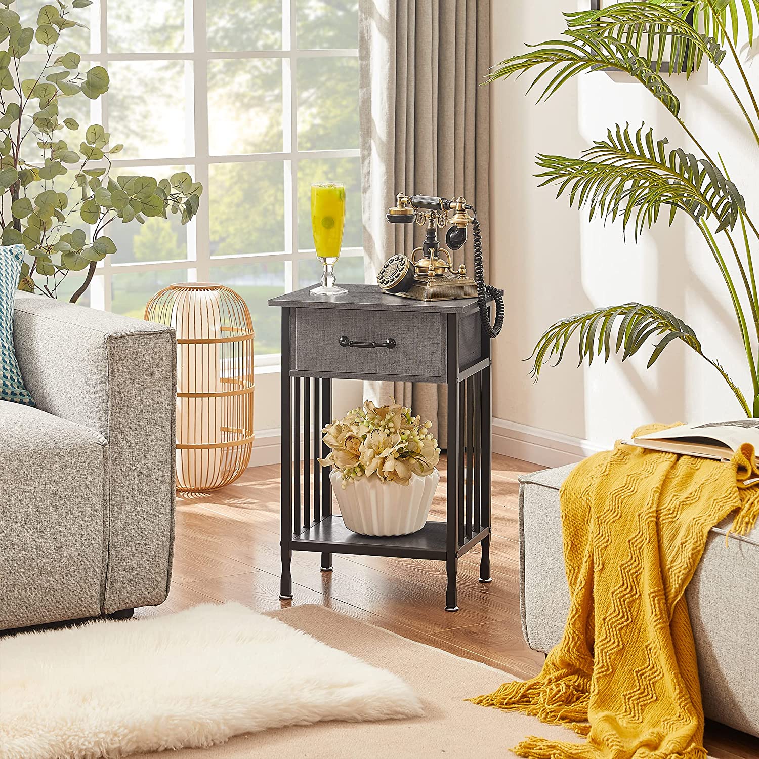 VECELO Industrial End Table,Nightstand with Drawer and Storage Shelf