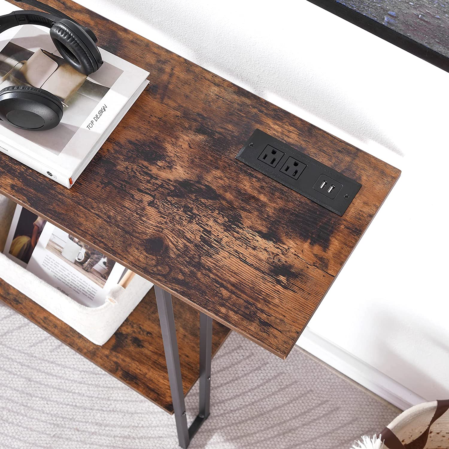 VECELO Couch Side & Console Table with 2 Outlets & 2 USB Ports - VECELO