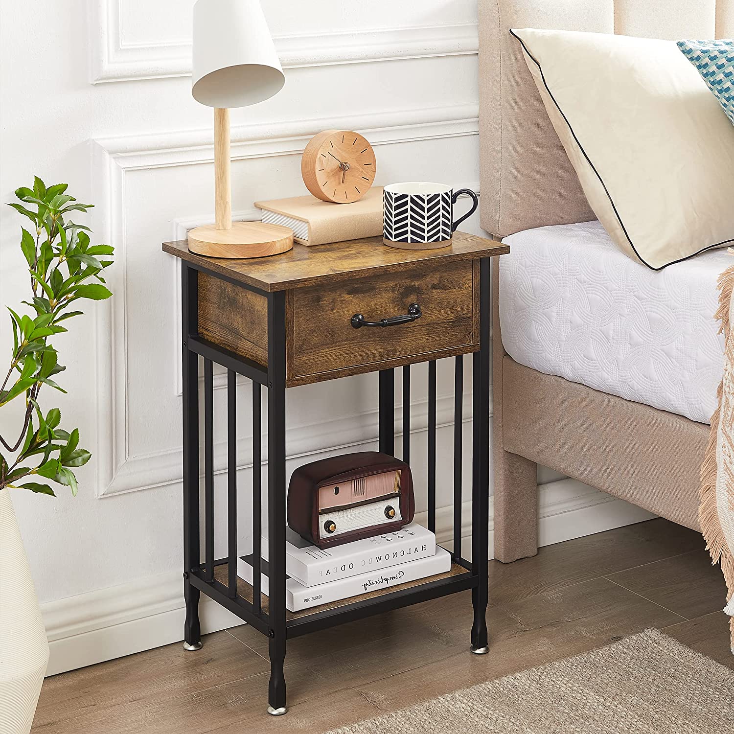VECELO Industrial End Table,Nightstand with Drawer and Storage Shelf
