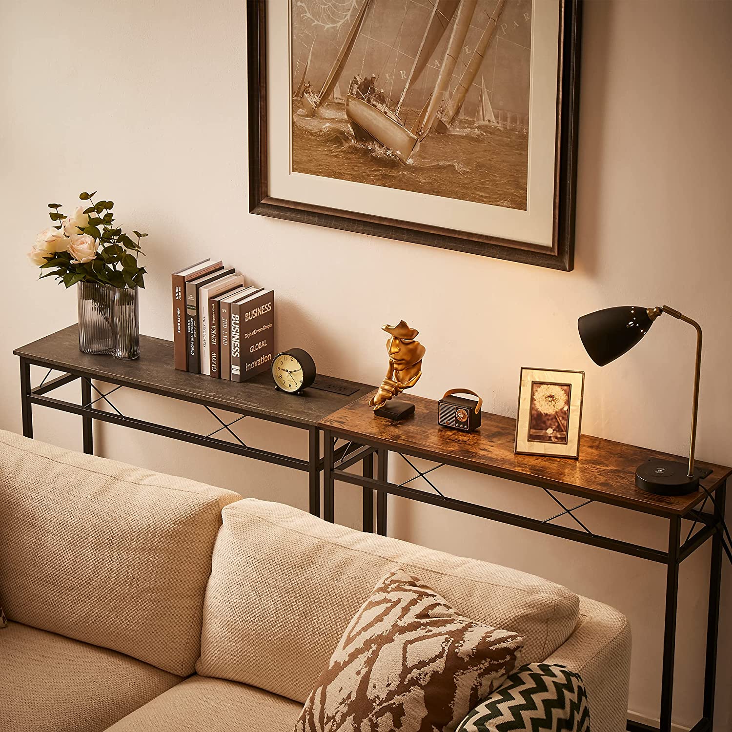 VECELO Extra Long Narrow Sofa/Console Table with Charging Station & Power Outlet and USB Ports - VECELO