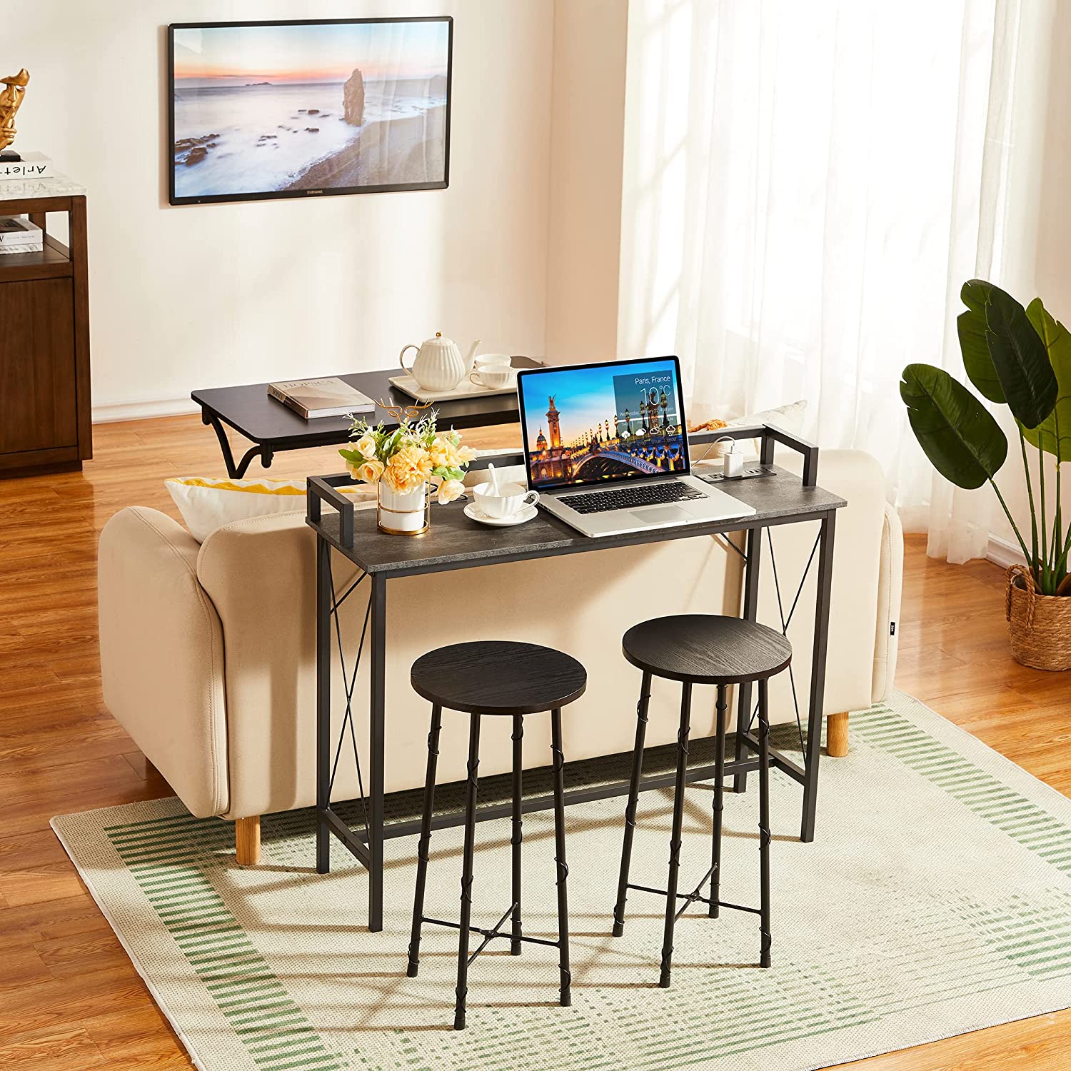 VECELO Extra Long Entryway Narrow Sofa Couch Behind Console Table with Power Outlet & USB Ports - VECELO