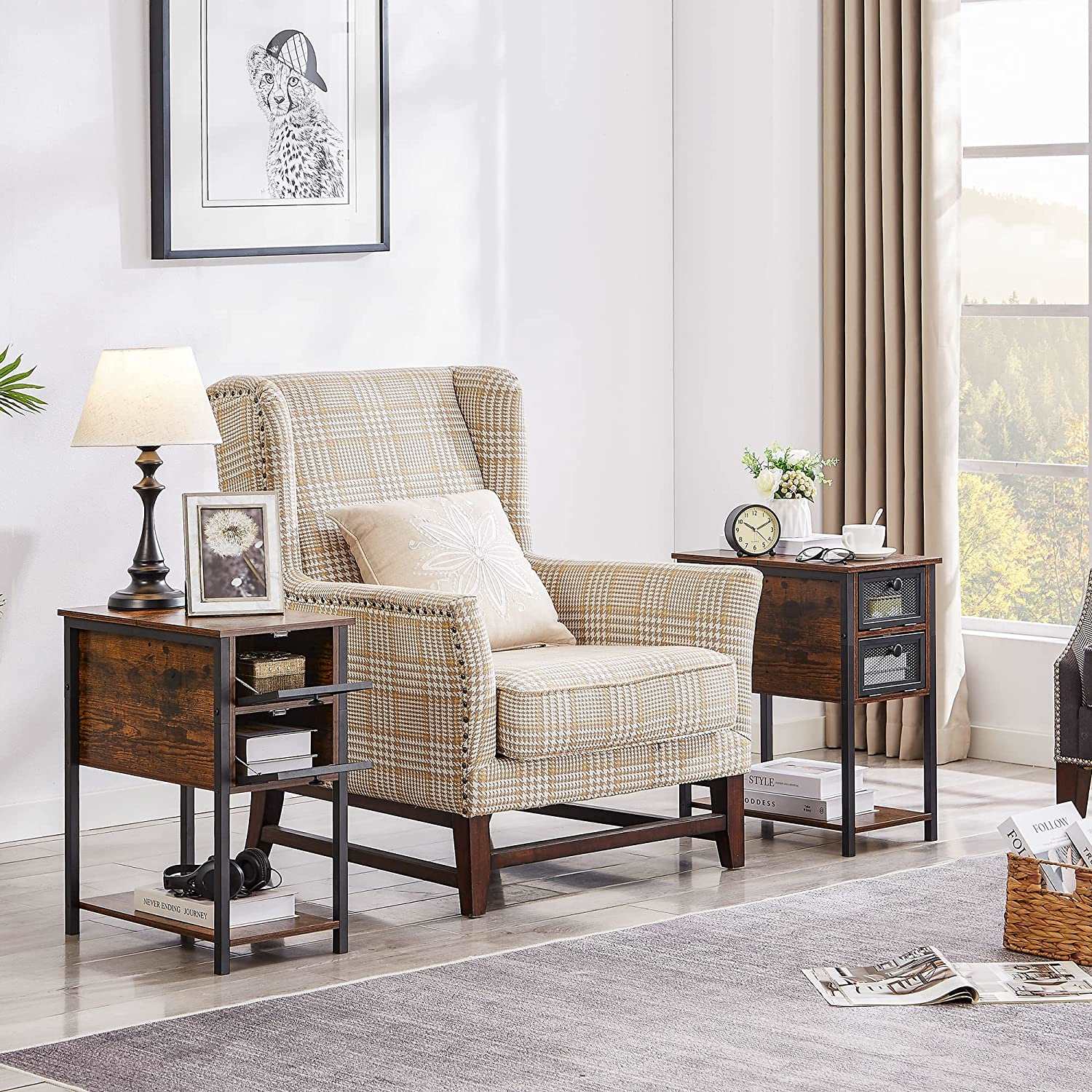 VECELO 24''Tall Flip Top Narrow Side Table with Storage Shelf for Living Room - VECELO