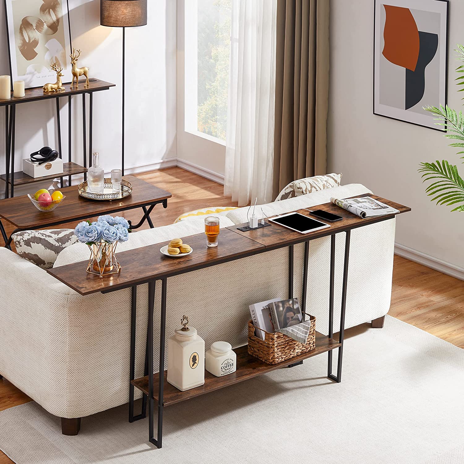 VECELO Couch Side & Console Table with 2 Outlets & 2 USB Ports - VECELO