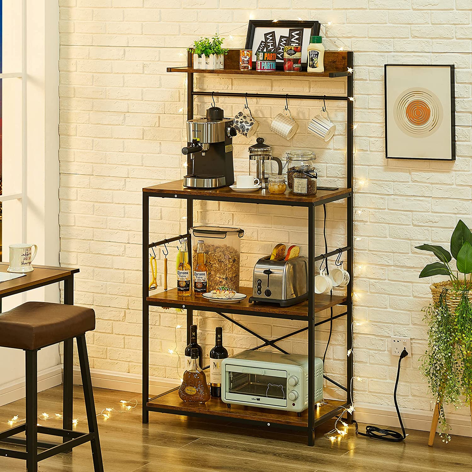 VECELO Bakers Rack with Power Outlets Floor Standing Coffee Bar - VECELO