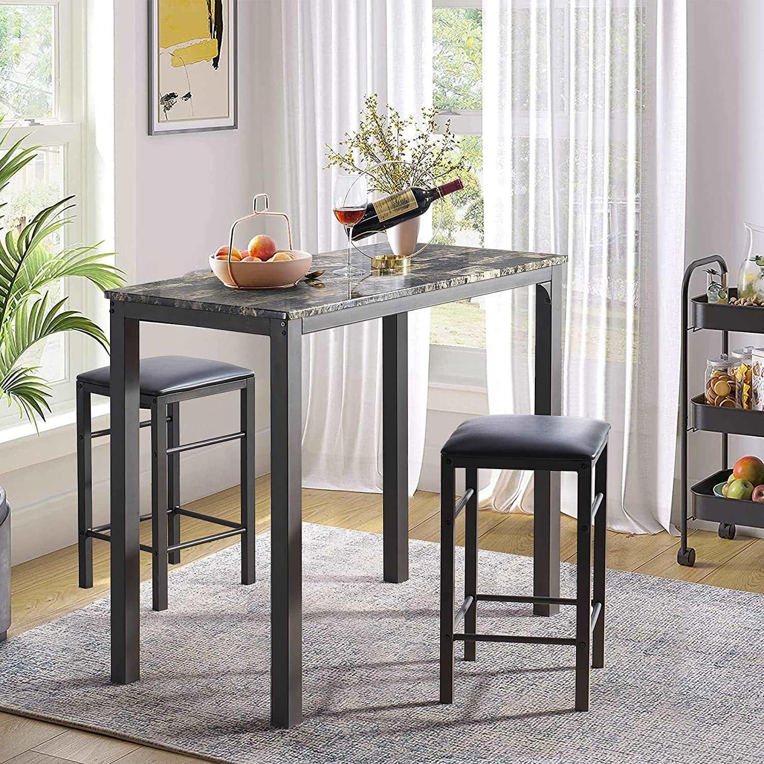 VECELO 3 Piece Metal Dinette Set with Laminated Faux Marble Top for Dining Room/Kitchen - VECELO