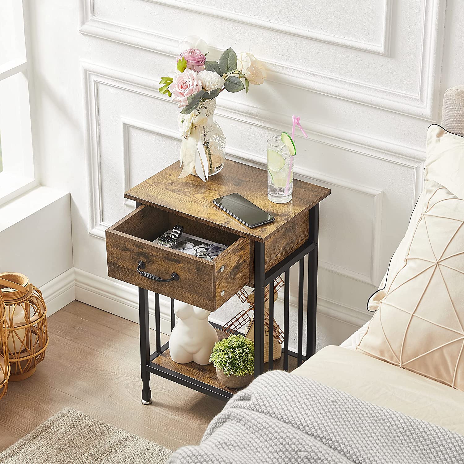 VECELO Industrial End Table,Nightstand with Drawer and Storage Shelf