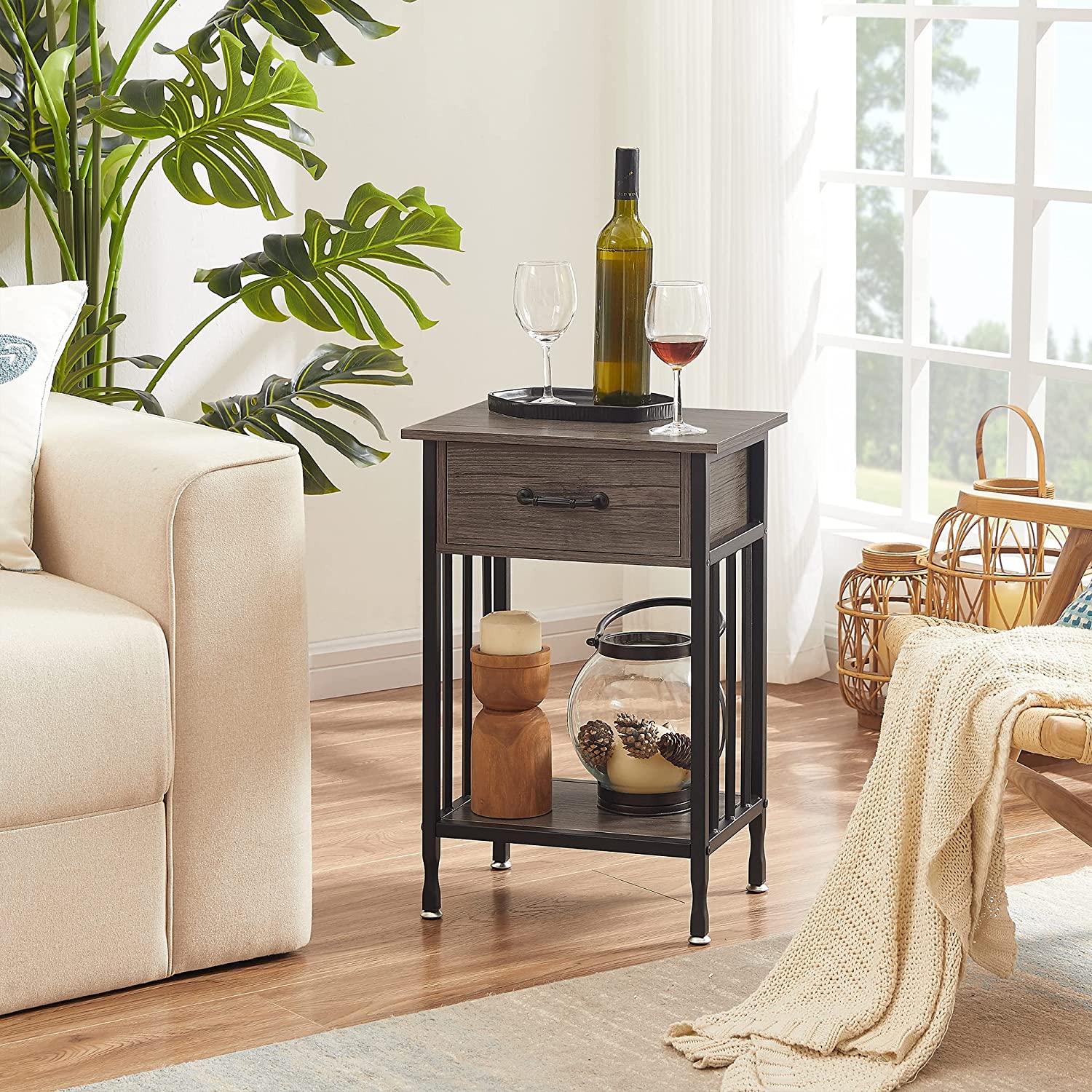 VECELO Industrial End Table,Nightstand with Drawer and Storage Shelf