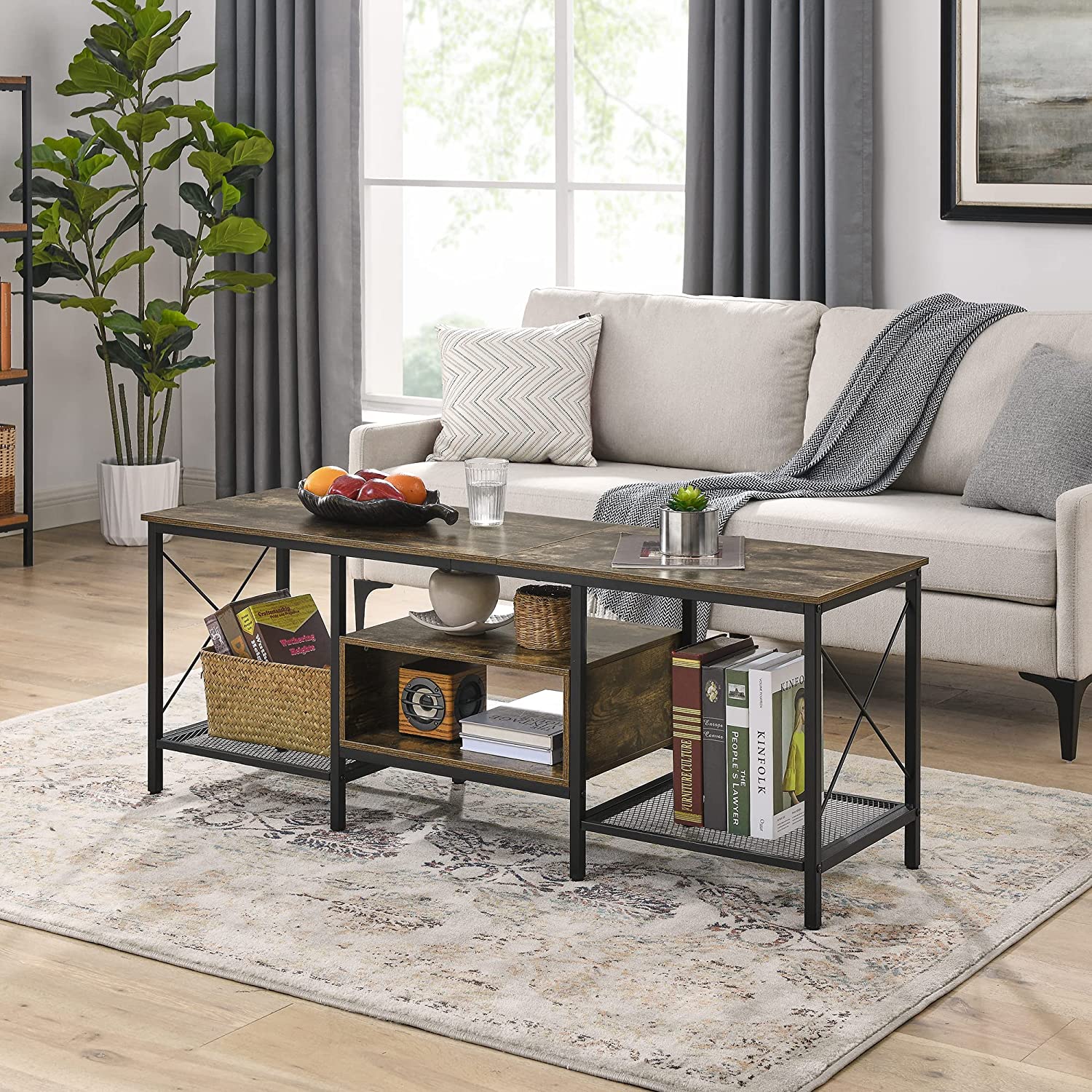 VECELO Industrial TV Stand Television Cabinet 3-Tier Console with Open Storage Shelves, Entertainment Center with Metal Frame for Living Room - VECELO