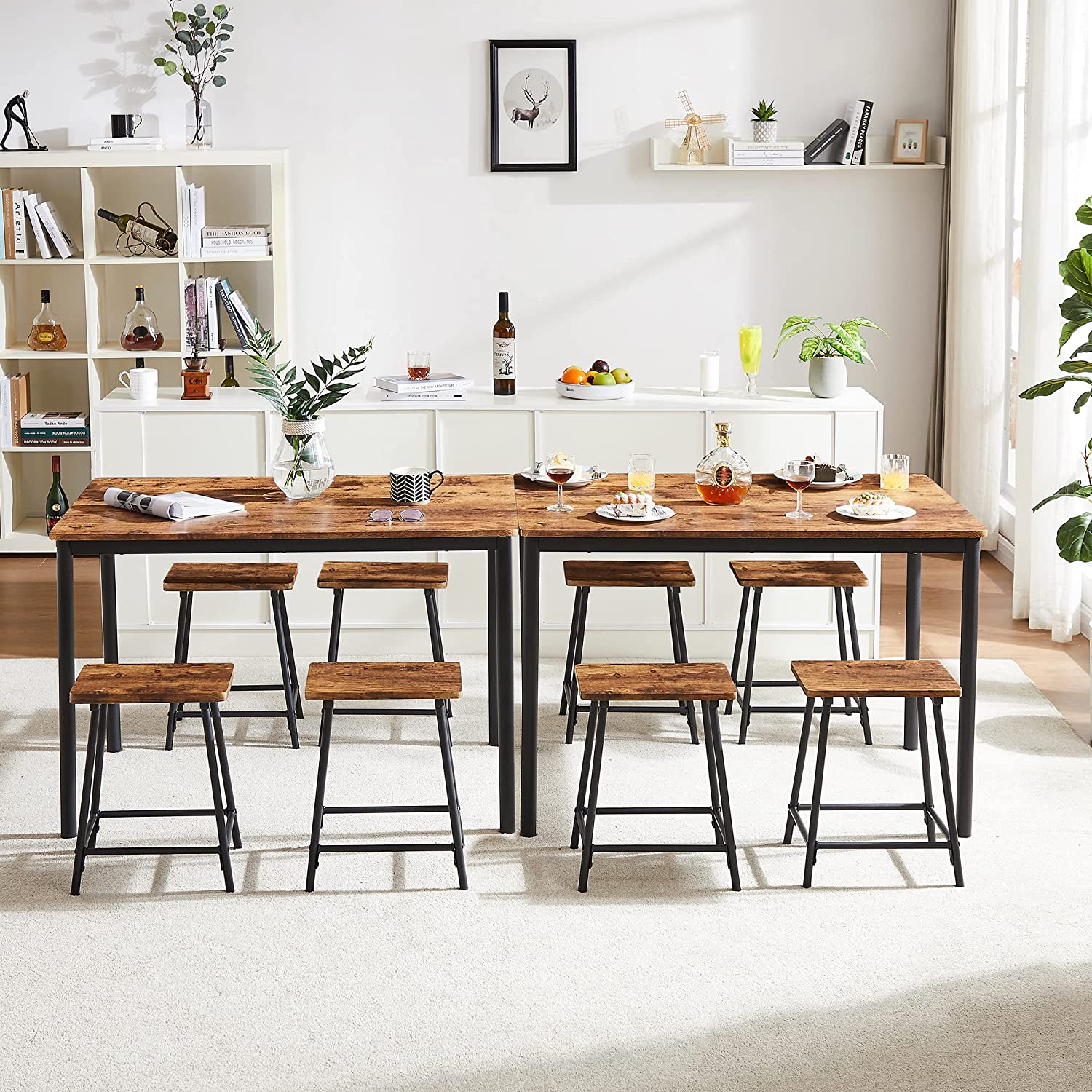 VECELO 5-Piece Dining Table Set Metal and Wood Kitchen Furniture with 4 Stools