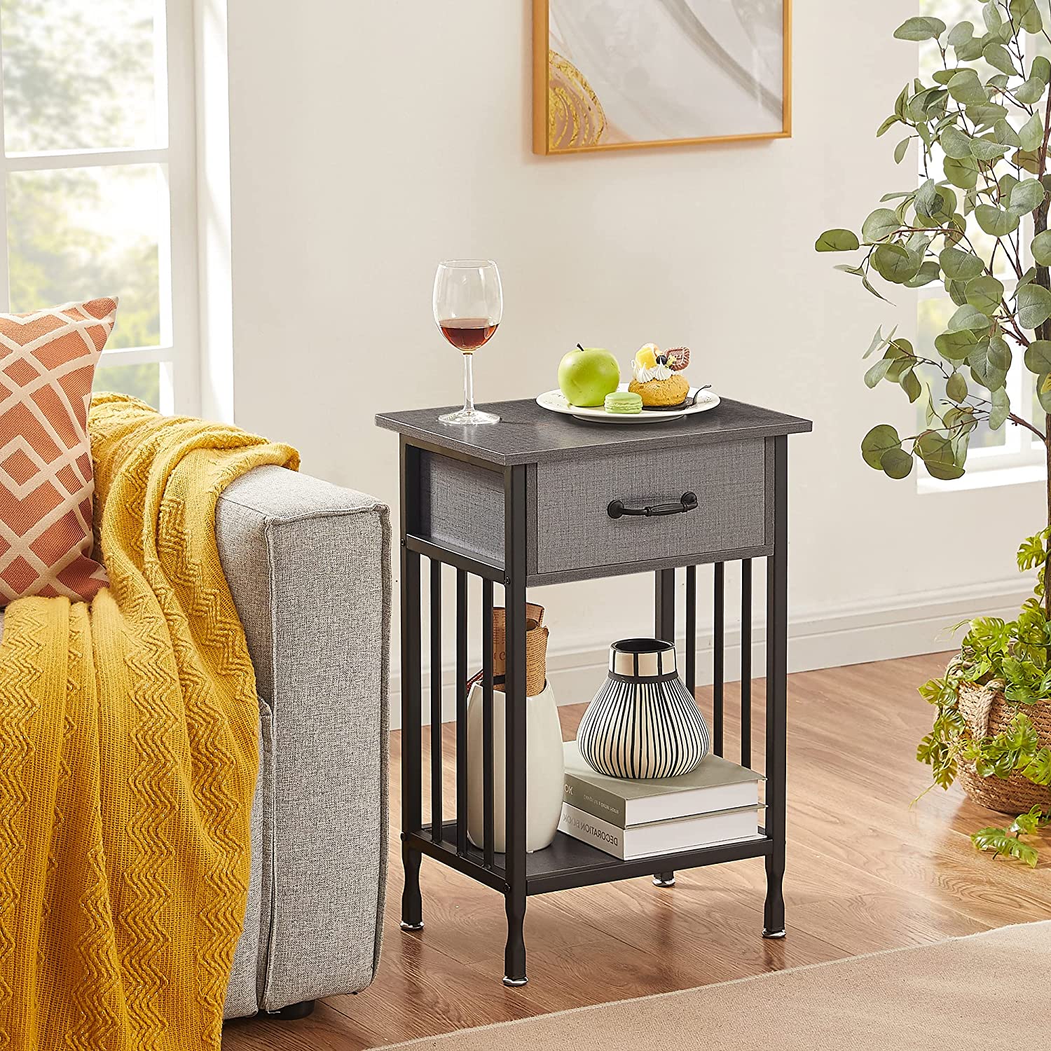 VECELO Industrial End Table,Nightstand with Drawer and Storage Shelf