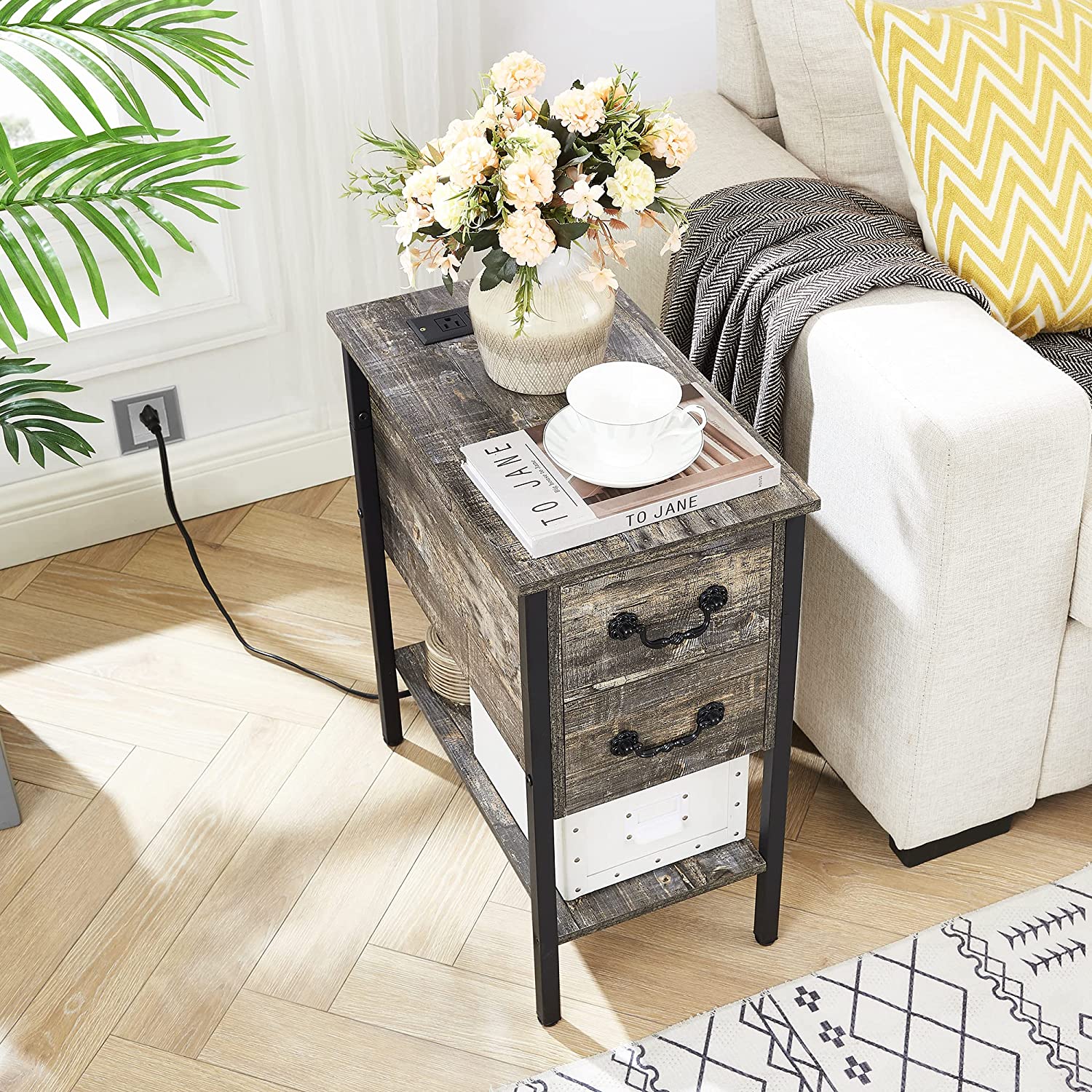 VECELO End Tables,Narrow Nightstands with Charging Station & USB Ports &Drawers - VECELO
