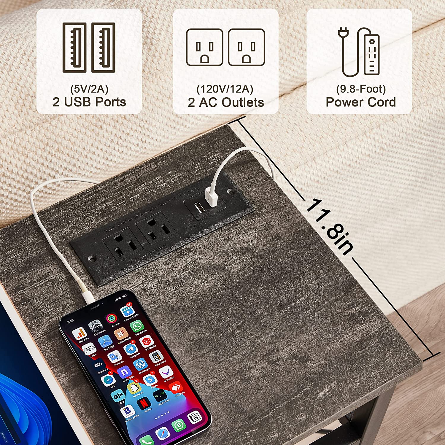 VECELO Extra Long Narrow Sofa/Console Table with Charging Station & Power Outlet and USB Ports - VECELO