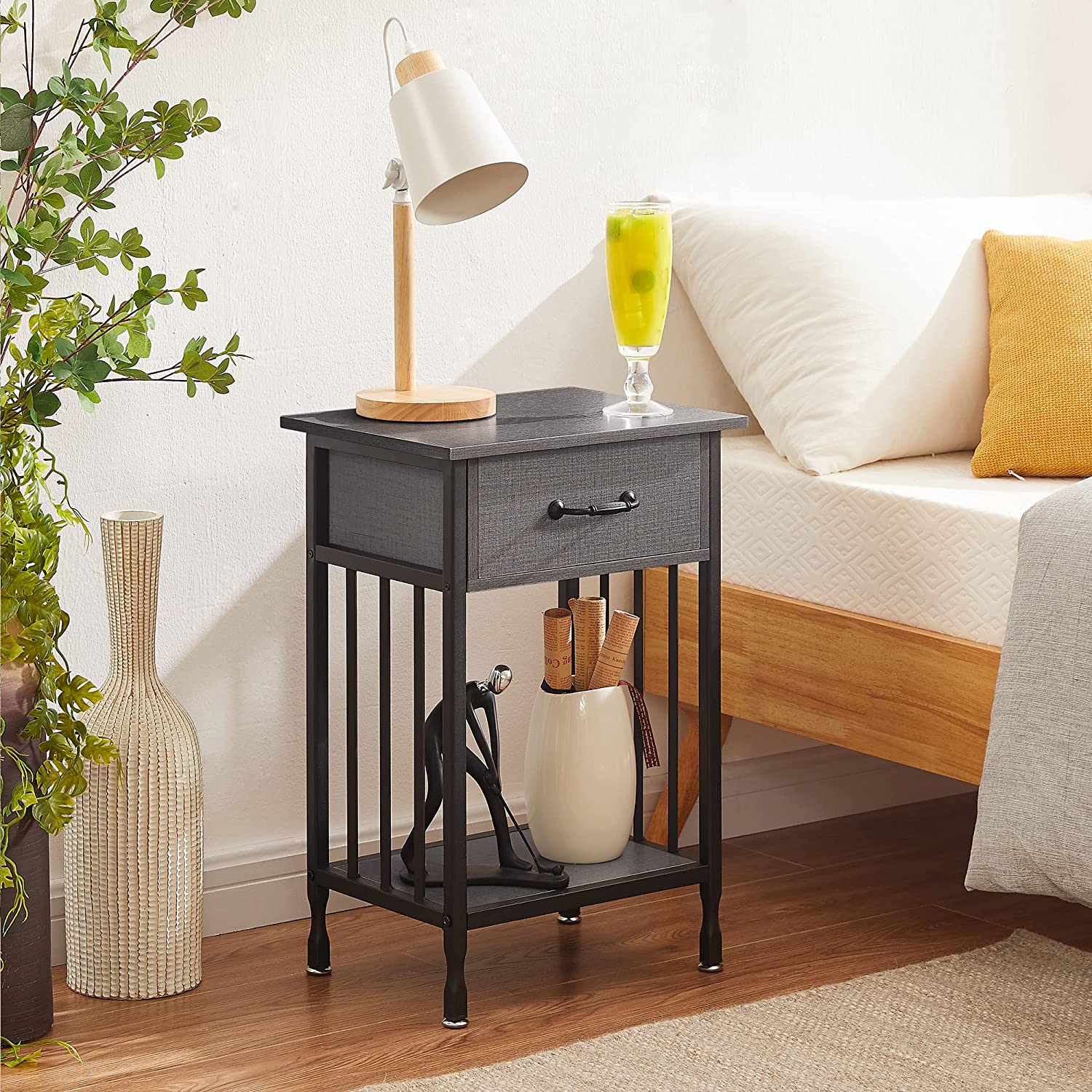 VECELO Industrial End Table,Nightstand with Drawer and Storage Shelf