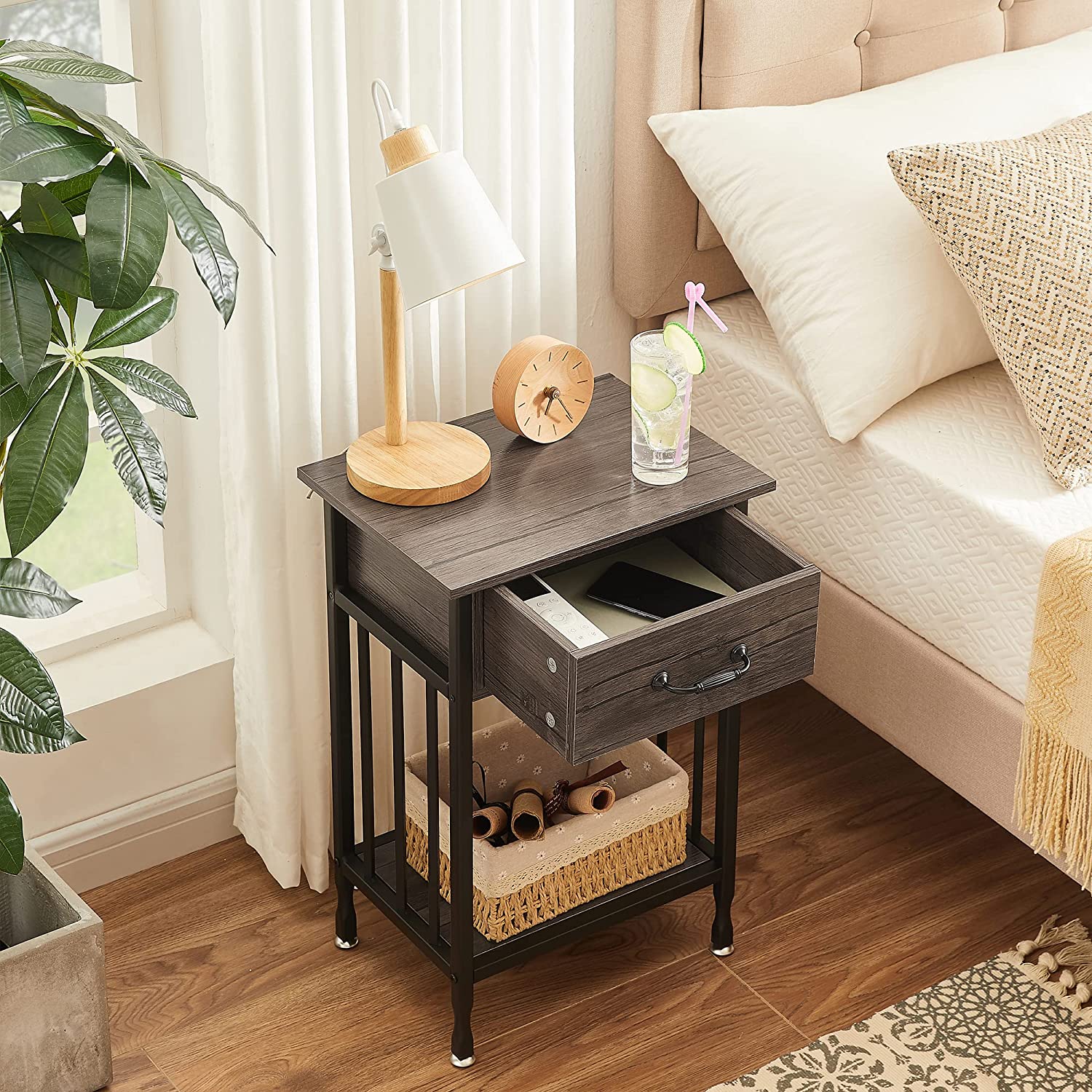 VECELO Industrial End Table,Nightstand with Drawer and Storage Shelf