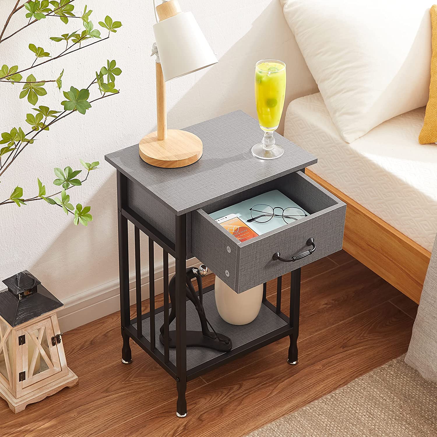 VECELO Industrial End Table,Nightstand with Drawer and Storage Shelf